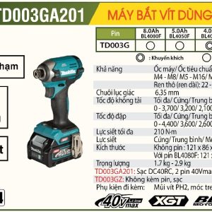 Máy vặn vít dùng pin Makita TD003GA201 (40V Max)(kèm 2 pin, 1 sạc) Máy vặn vít dùng pin Makita TD003GA201 (40V Max)(kèm 2 pin, 1 sạc)