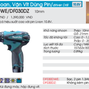 Máy Khoan vặn vít dùng pin Makita DF030DZ (không kèm pin sạc) Máy Khoan vặn vít dùng pin Makita DF030DZ (không kèm pin sạc)