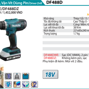 Máy Khoan vặn vít dùng pin Makita DF488DWAE (Sạc (DC18WA), 2 pin 2.0Ah (BL1820G)) Máy Khoan vặn vít dùng pin Makita DF488DWAE (Sạc (DC18WA), 2 pin 2.0Ah (BL1820G))