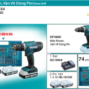 Máy Khoan vặn vít dùng pin Makita DF488DYEX4 (kèm bộ phụ kiện 74 món) Máy Khoan vặn vít dùng pin Makita DF488DYEX4 (kèm bộ phụ kiện 74 món)