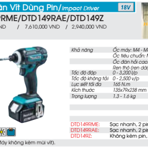 Máy vặn vít dùng pin Makita DTD149RAE Máy vặn vít dùng pin Makita DTD149RAE