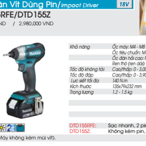 Máy vặn vít dùng pin Makita DTD155Z (không kèm pin sạc) Máy vặn vít dùng pin Makita DTD155Z (không kèm pin sạc)