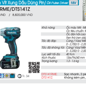 Máy vặn vít xung dầu dùng pin Makita DTS141RME (Sạc nhanh(DC18RC), 2 pin 4.0Ah(BL1840B)) Máy vặn vít xung dầu dùng pin Makita DTS141RME (Sạc nhanh(DC18RC), 2 pin 4.0Ah(BL1840B))