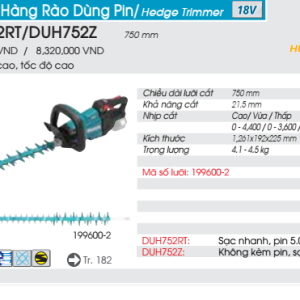 Máy tỉa hàng rào dùng pin Makita DUH752Z (Không kèm pin, sạc) Máy tỉa hàng rào dùng pin Makita DUH752Z (Không kèm pin, sạc)