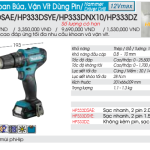 Máy khoan búa, vặn vít dùng pin Makita HP333DWYB (12V) (bản giới hạn - màu đen) (kèm 01 pin + 1 sạc) Máy khoan búa, vặn vít dùng pin Makita HP333DWYB (12V) (bản giới hạn - màu đen) (kèm 01 pin + 1 sạc)