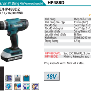 Máy Khoan búa, vặn vít dùng pin Makita HP488DWAE (Sạc DC18WA, 2 pin 2.0Ah (BL1820G)) Máy Khoan búa, vặn vít dùng pin Makita HP488DWAE (Sạc DC18WA, 2 pin 2.0Ah (BL1820G))