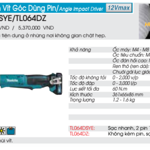 Máy vặn vít góc dùng pin Makita TL064DZ (Không kèm pin, sạc) Máy vặn vít góc dùng pin Makita TL064DZ (Không kèm pin, sạc)