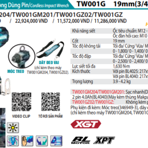 Máy Siết Bu Lông Dùng Pin Makita TW001GM201 (40V Max 3/4" (19 mm) (kèm 02 pin 4.0Ah + sạc nhanh) Máy Siết Bu Lông Dùng Pin Makita TW001GM201 (40V Max 3/4" (19 mm) (kèm 02 pin 4.0Ah + sạc nhanh)