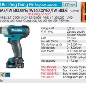 Máy Siết Bu Lông Dùng Pin Makita TW140DSYEX (Sạc nhanh(DC10SB), 2 pin 1.5Ah(BL1016)) Máy Siết Bu Lông Dùng Pin Makita TW140DSYEX (Sạc nhanh(DC10SB), 2 pin 1.5Ah(BL1016))