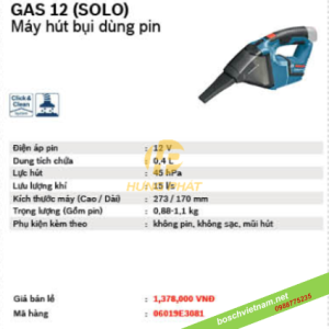 Máy hút bụi dùng pin Bosch GAS 12V (SOLO) Máy hút bụi dùng pin Bosch GAS 12V (SOLO)