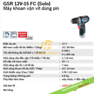 Máy khoan, bắt vít dùng pin Bosch GSR 12V-15 FC (Chưa kèm Pin & Sạc) Máy khoan, bắt vít dùng pin Bosch GSR 12V-15 FC (Chưa kèm Pin & Sạc)